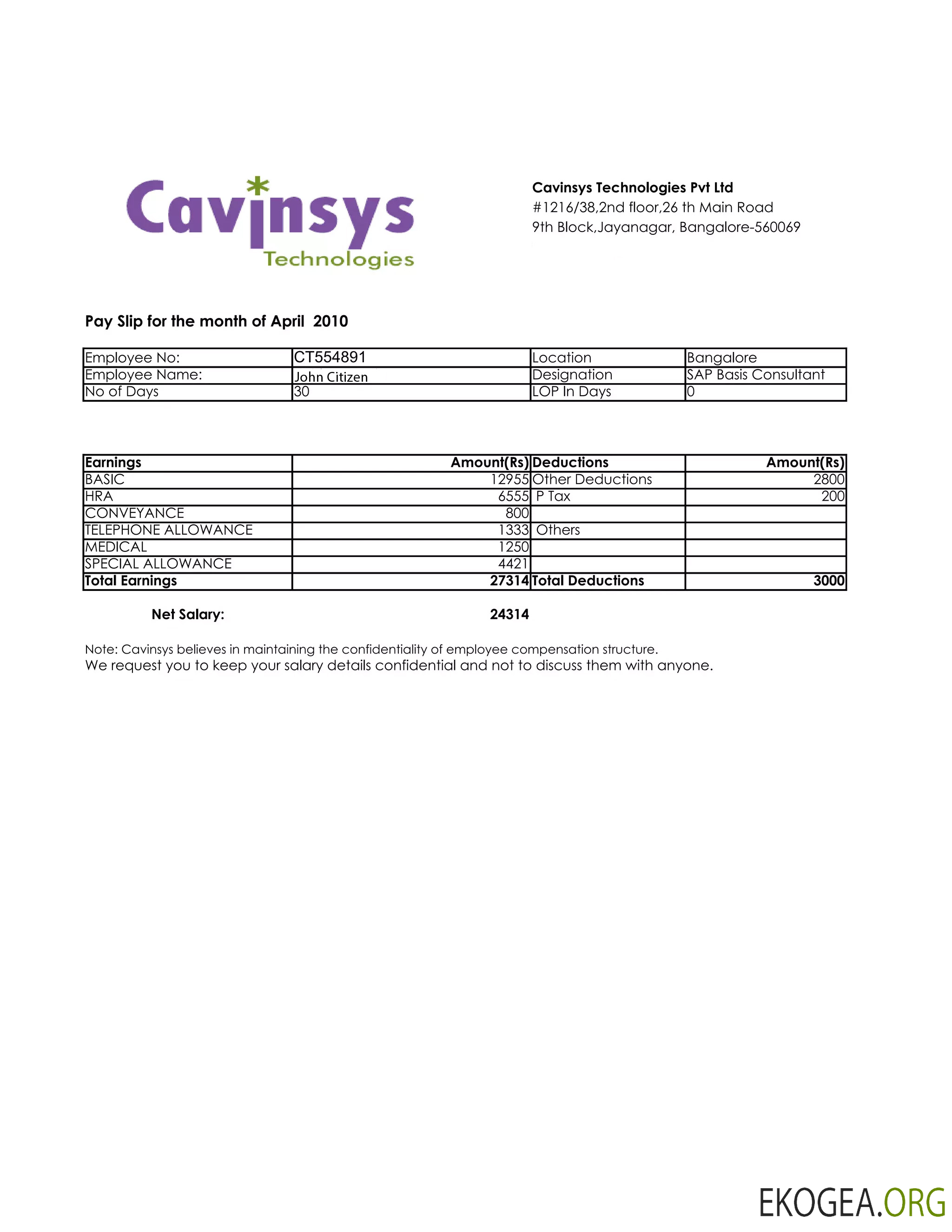 INDE CAVINSYS Technologies Pvt Ltd Fiche de paie aux formats Word et PDF